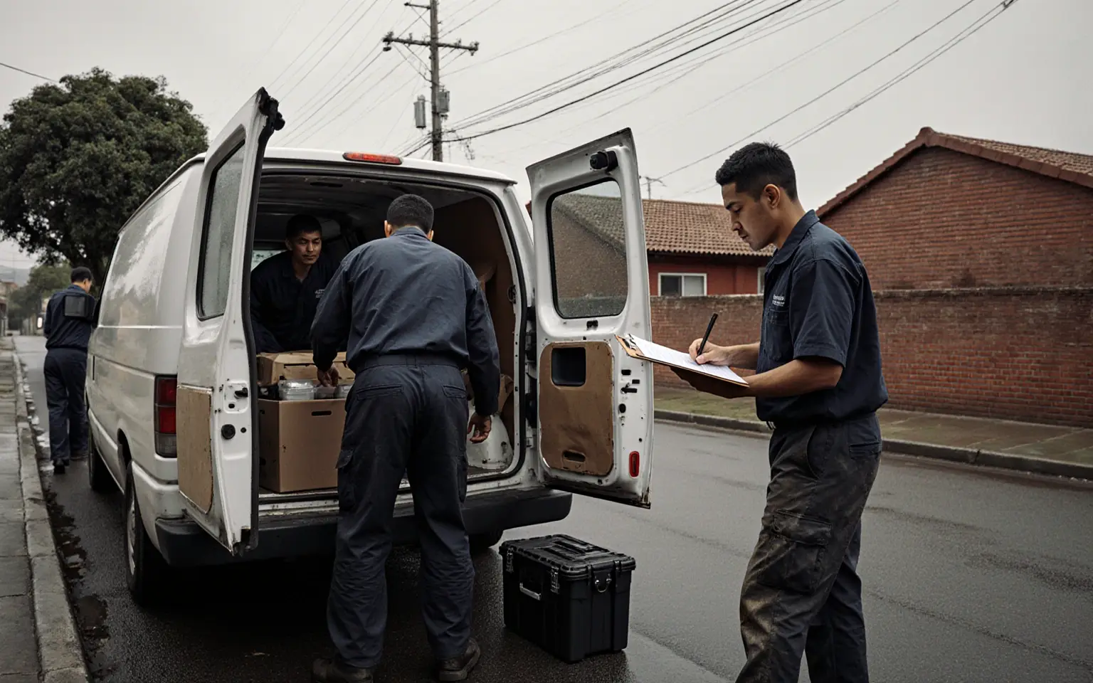 Tres técnicos de Punto Autorizado de Marcas cargando cajas de repuestos y maletines en la camioneta al empezar la ruta del día en una calle de Bogotá