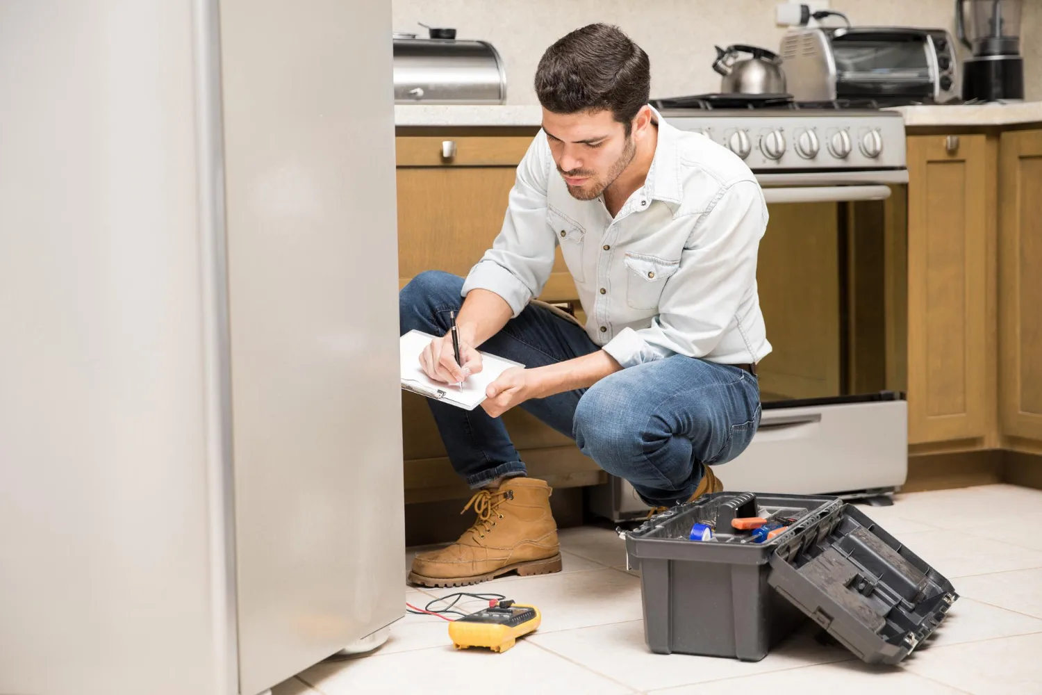Técnico de electrodomésticos agachado frente a una nevera en una cocina, anotando el diagnóstico en una libreta, con multímetro y caja de herramientas en el piso