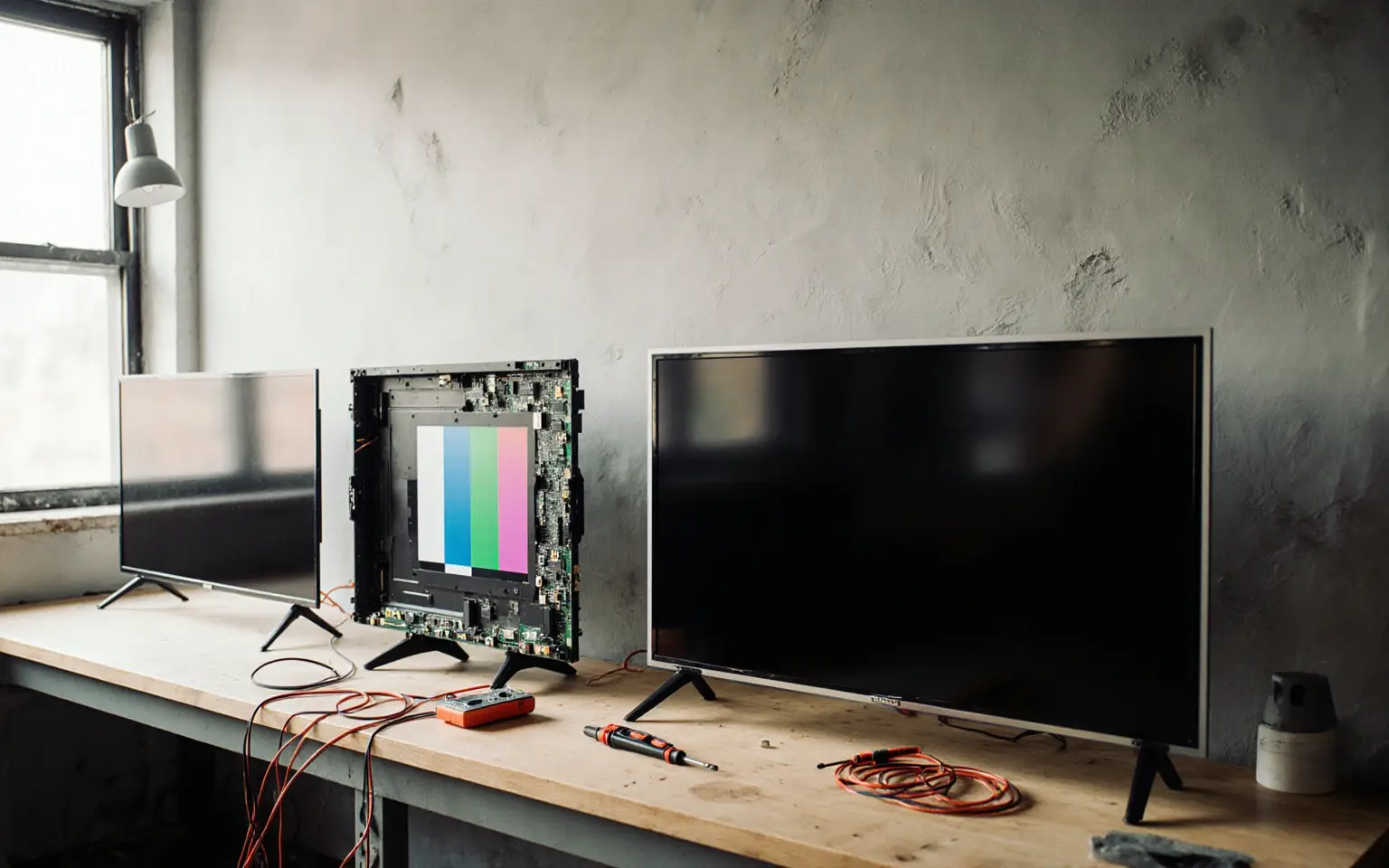 Televisores LED y LCD de distintos tamaños y referencias sobre el banco del taller, uno de ellos abierto con la tarjeta principal a la vista y un patrón de barras de color en pantalla
